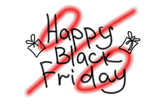 hand chalk drawing Happy Black Friday text with red percentage sign on transparent background. Sale and discount concept for business, promotion, and advertisement.