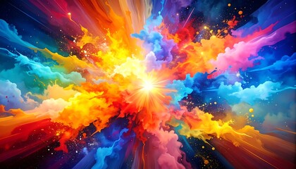 Poster - Explosive abstract colorful burst with vibrant splash of energy, and nebula background.