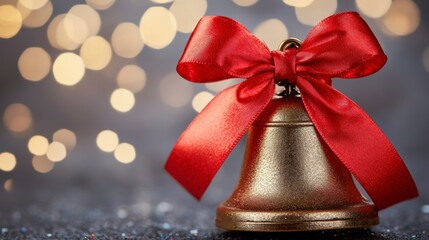 Poster - Gold bell with red ribbon bow, bokeh background. (1)