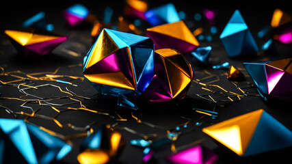 Poster - Colorful geometric shapes in vibrant hues of blue, orange, and purple scattered across a dark surface. Setting features an artistic arrangement with reflective surfaces