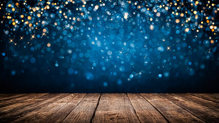 Poster - Glittering blue bokeh lights shimmer above rustic wooden floor, creating an inviting atmosphere. This enchanting backdrop is perfect for celebrations, parties, and promotional events