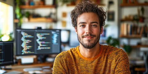 Poster - Young male software developer working with computer code on dual monitors in modern home office environment focused on programming and technology innovation