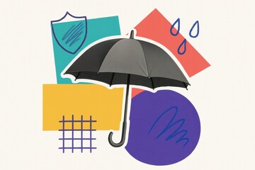 Poster - black umbrella with colorful geometric shapes representing protection and shelter from rain, a concept of safety and comfort in adverse weather conditions