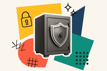 Poster - black safe with shield symbol on colorful abstract background representing security and protection of valuables in a modern setting