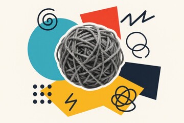 Poster - abstract composition of a tangled gray yarn ball surrounded by colorful geometric shapes and patterns creating a playful artistic vibe