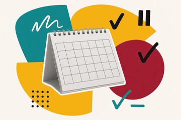 Poster - colorful calendar design with abstract shapes and checkmarks representing organization and planning in modern workspace