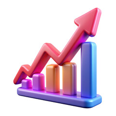Poster - Bar graph icon with an upward arrow in vibrant neon holographic style. Isolated plastic 3D icon.