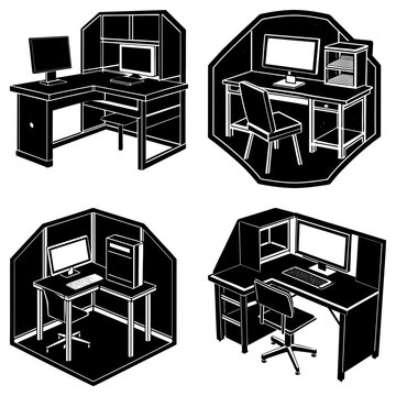Four desk setups with computers and storage in different styles in black and white illustration