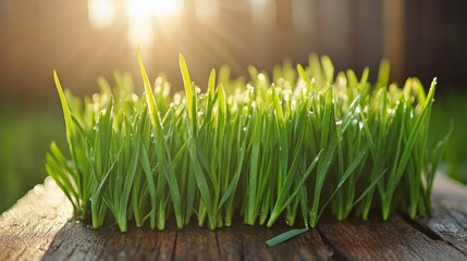 Poster - Fresh green grass sprouts on rustic wood, backlit by sunrise.
