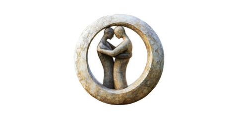 Poster - Abstract Stone Sculpture Of Embracing Figures In Circular Frame. Symbolizes Unity And Connection Isolated On Transparent Background