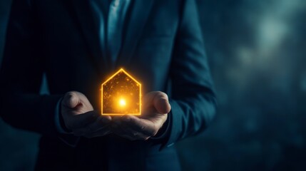 Poster - Businessperson's hands gently cradling a glowing digital house icon, symbolizing care, protection, and innovation in real estate or home ownership.