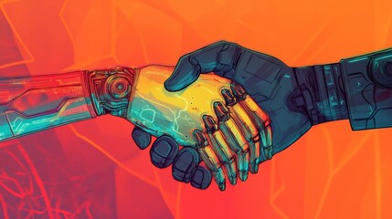 Poster - Robotic handshakes, futuristic collaboration, technological partnership.