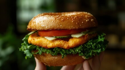 Poster - Close-up of a delicious bagel sandwich with salmon, tomato, cucumber, and lettuce.