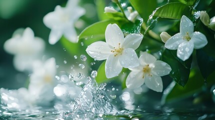 Poster - Close-up of white flowers with water droplets splashing nearby.