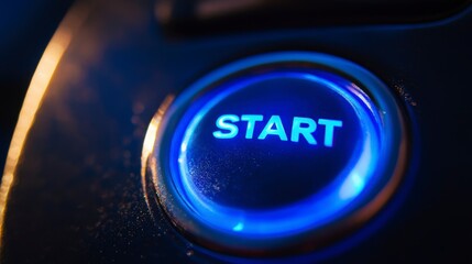 Poster - Close-up of a glowing blue start button.