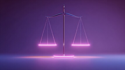 Poster - Minimal Justice Scale Glowing Softly Against a Purple Background Evoking a Sense of Balance and Justice