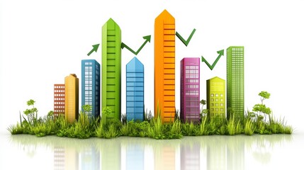 Poster - Colorful buildings growing amidst green grass, symbolizing urban development and environmental sustainability.