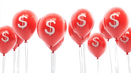 Poster - Red balloons with dollar signs floating on white background.