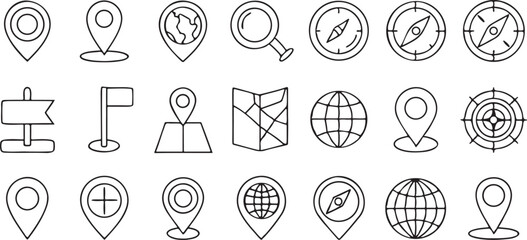Fototapete - Location Themed Line Icons Set 30 Unique Editable Thin Black Outline Vector Icons