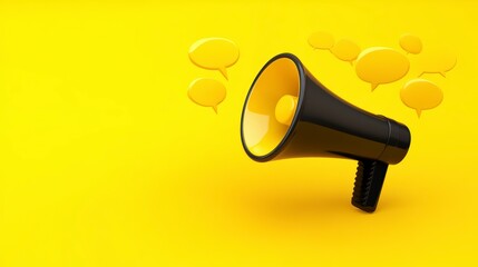 Poster - Black megaphone with yellow accents and speech bubbles on yellow background.