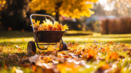 Wall Mural - wheelbarrow full of leaves is sitting in a yard