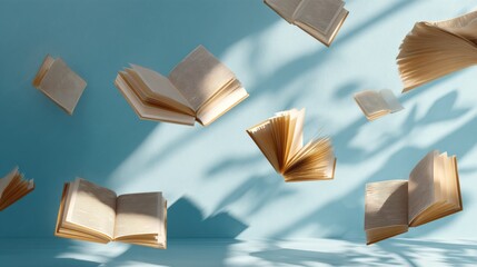 Aufkleber - Floating Open Books in a Serene Library Setting With Soft Light and Shadows Creating a Peaceful Ambiance for Reading and Learning