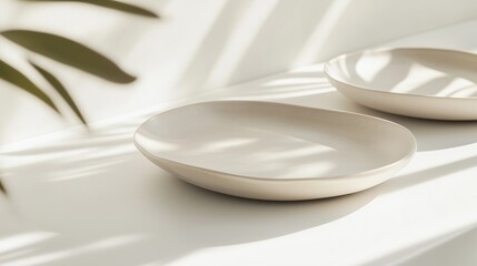 Poster - Elegant minimalist ceramic plates on a bright, sunlit table with soft shadows in a calming home decor setting