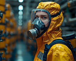 Poster - Chemical plant worker in safety gear handling hazardous material container with precision