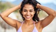 © 호균 최 - Smiling woman with hair tied up in one hand, lavender colored bikini