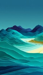 Poster - Serene Abstract Turquoise Landscape with Layered Paper-Like Waves and Dreamy Fluid Visuals Design