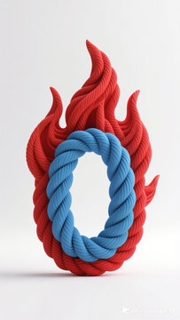 Realistic 3D rope art flame in red and blue form the number 0. modern clean and freedom vibe. white background