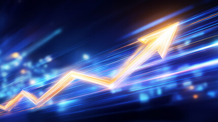 Poster - Glowing arrow rises sharply against dark background with vibrant light streaks. Concept of financial growth, business success, and market trends