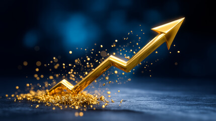 Poster - Golden arrow rises upward surrounded by sparkling particles, symbolizing growth and achievement. Dimly lit background enhances focus on the arrow. Concept of finance, business success, investment