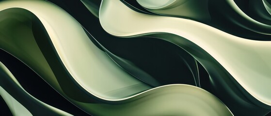 Poster - Abstract green and white wavy lines organic shapes, minimalist smooth curves, dark black and light wall hangings with smooth curves and fluidity dark green and cream colors.