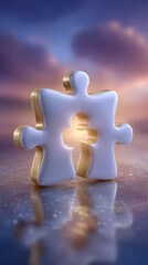 Poster - Two puzzle pieces connect gently, radiating light in a serene setting. Beautiful soft background with clouds enhances depth. Concept of problem-solving, teamwork, creativity, design