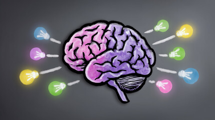 Poster - Brain illustration with vibrant light bulbs radiating surrounding, representing creative ideas and innovation. Modern, abstract style set on dark background