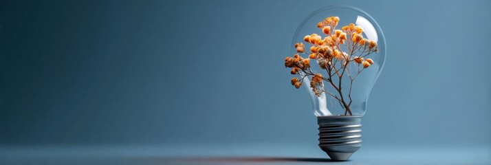 Poster - Lightbulb With Blooming Flower Symbolizes Growth and Creativity in a Minimalist Setting
