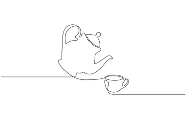 Poster - Teapot and tea cup vector one line continuous drawing illustration. Pouring drink. Teapot pouring tea to the cup in continuous one line drawing. Single line art draw of Teapot. Editable vector.