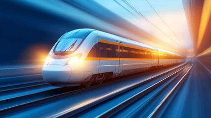 Poster - Modern high-speed train moving rapidly through railway track with dynamic blue and orange light trails, showcasing motion and technological advancement.