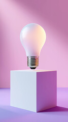 Poster - Light bulb levitates over a plain white cube against a pastel purple background. Bright colors emphasize concepts of innovation and creativity. Concept of design studios, advertising, marketing