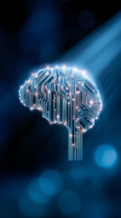 Poster - Illustration of brain composed of circuit patterns glowing in blue light. Futuristic and abstract setting with technology elements. Concept of artificial intelligence, tech innovation, neuroscience