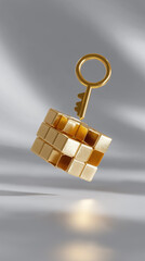 Poster - Golden key hovers above a reflective shiny cube, creating an intriguing visual. This artistic display suggests concepts of puzzles and solutions. Concept of creativity, problem-solving, design