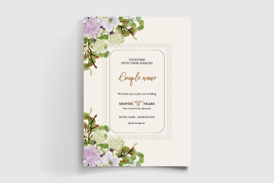 WEDDING INVITATION FRAME WITH FLOWER DECORATIONS AND FRESH LEAVES