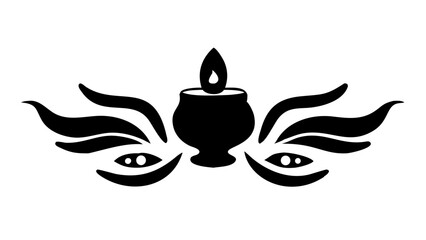 Fototapete - Black and white drawing of a candle in a pot flanked by stylized eyes and wing like shapes design silhouette