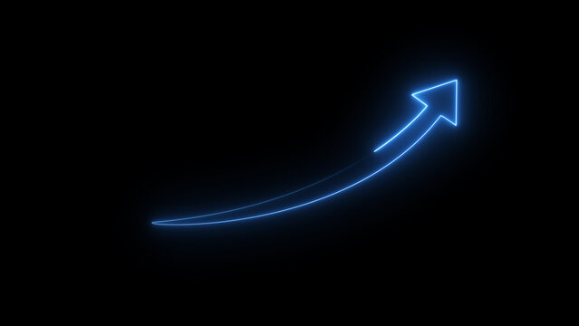 Upward arrow icon illustration. neon business graph cart on black background.	