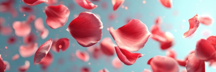 Poster - Floating Glowing Red Rose Petals Create a Serene Atmosphere in a Soft Pastel Backdrop During a Tranquil Moment