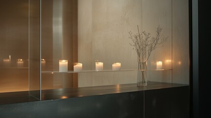 Poster - Candles and dried flowers on a minimalist shelf in a serene indoor environment during evening light