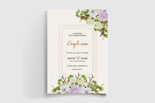 WEDDING INVITATION FRAME WITH FLOWER DECORATIONS AND FRESH LEAVES