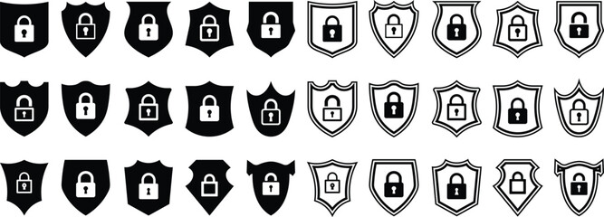 Poster - Collection of shield icons featuring padlock symbols representing digital security