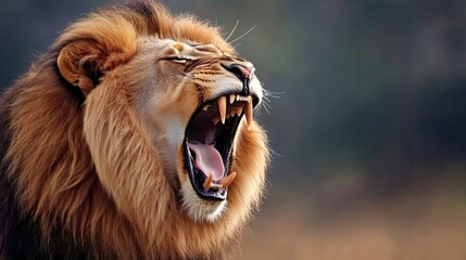 Wall Mural - majestic lion roaring showing teeth and tongue in african savanna